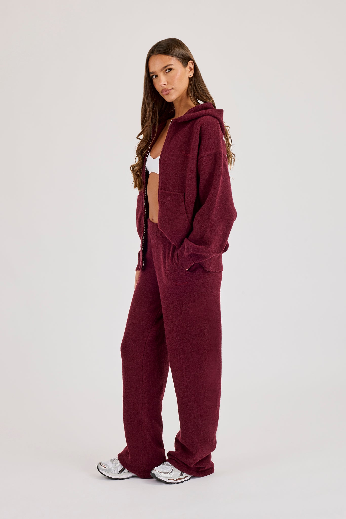 Knitted Stitch Back Detail Zip Through Hoodie & Wide Leg Jogger - Burgundy